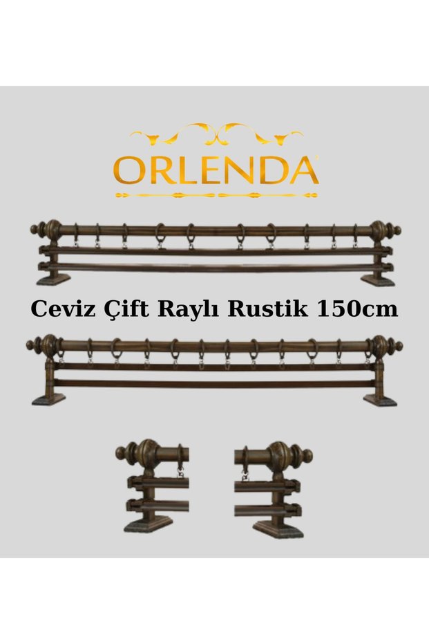 Walnut Wooden Headed Aluminum Pipe Rustic Curtain Hanger Double Rail 150 Cm