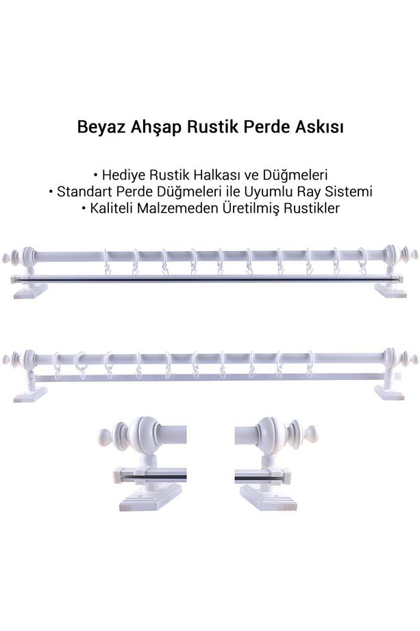 Beyaz Ahşap Rustik Perde Askısı - Tek Raylı Rustik Borusu 175 Cm - 2