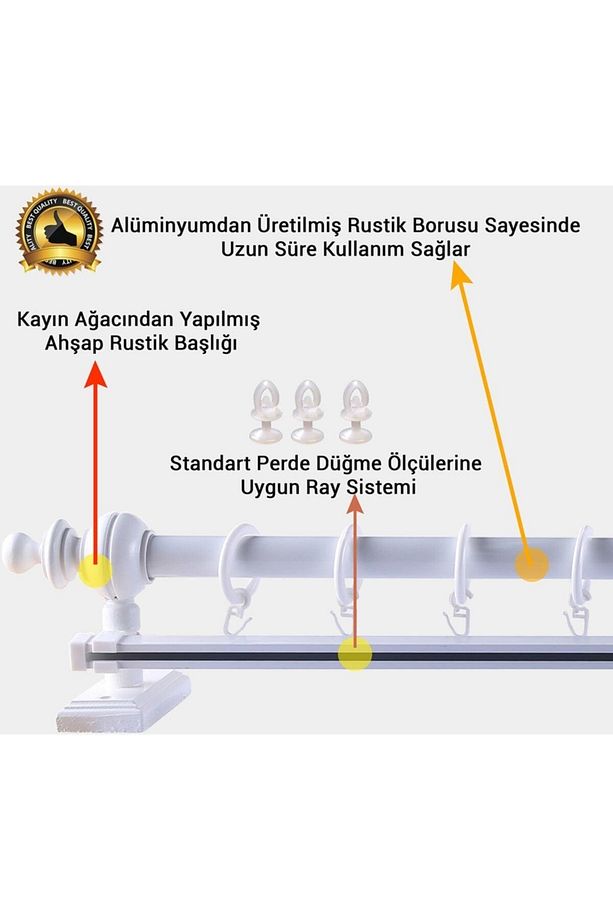 Beyaz Ahşap Rustik Perde Askısı - Tek Raylı Rustik Borusu 175 Cm - 3