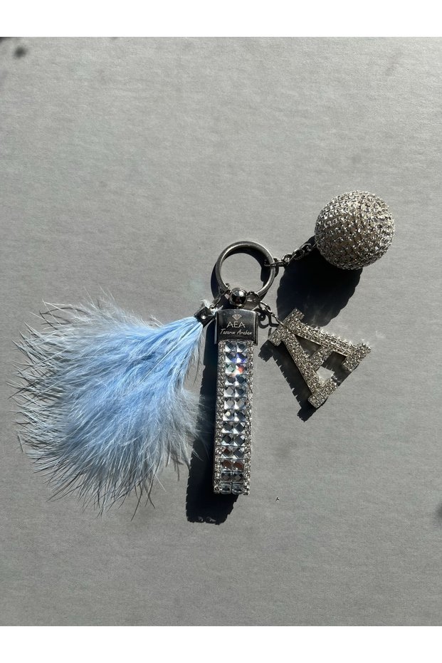 Silver Baguette & Silver Disco Ball & Silver Letter & Baby Blue Feather Keychain