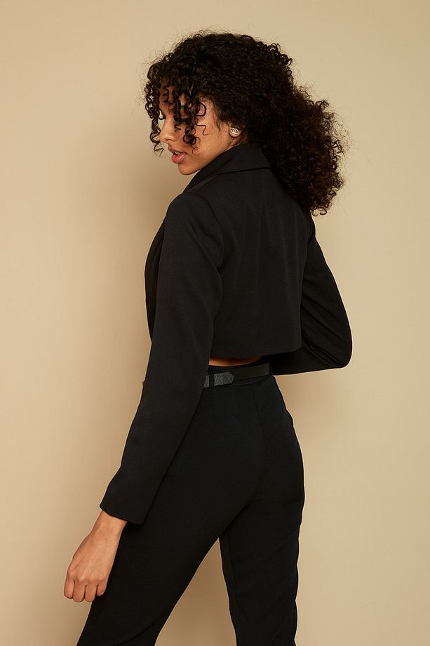 Kadın Siyah Tek Düğme Kapamalı Crop Blazer Ceket - 7