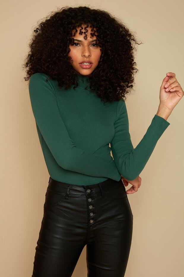 Kadın Yeşil Balıkçı Yaka Fitilli Örme Bluz - 3
