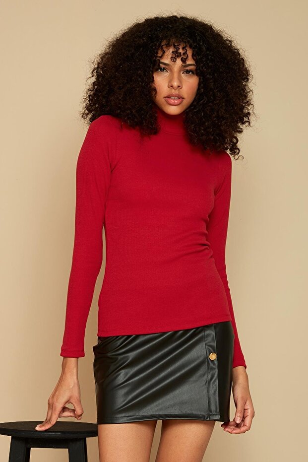 Kadın Kırmızı Balıkçı Yaka Fitilli Örme Bluz - 4