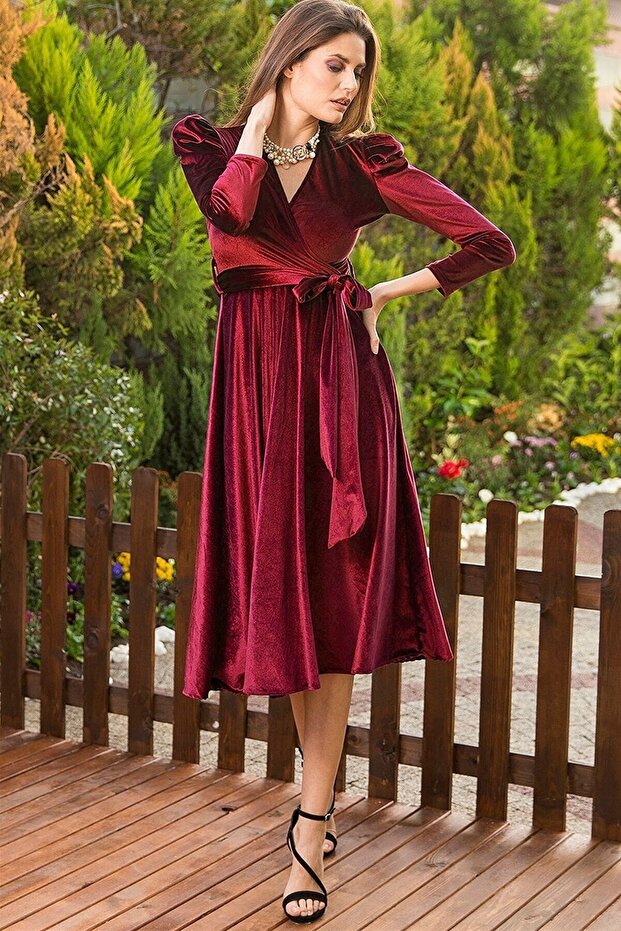 Belted Midi Length Double Breasted Collar Velvet Dress
