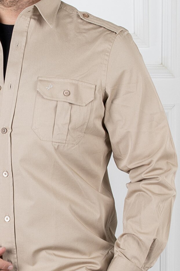 Interview Çift Cepli Slim Fit Bej Gömlek - 2