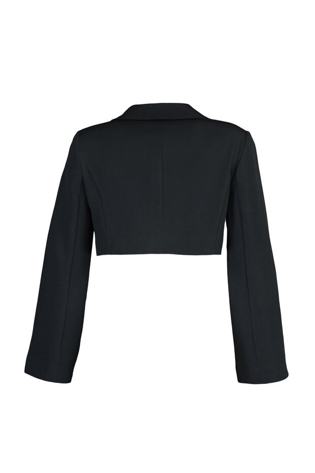 Siyah Crop Astarlı Kruvaze Kapama Dokuma Blazer Ceket TWOAW23BC00076 - 5