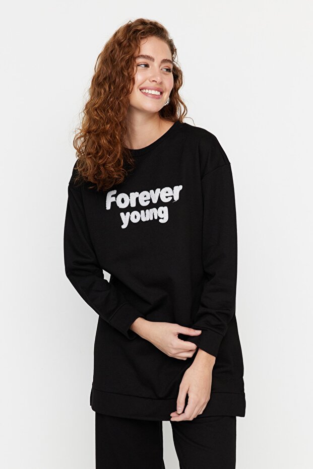 Siyah Slogan Baskılı İçi Yumuşak Tüylü Örme Eşofman Takımı TCTAW23EN00063 - 2