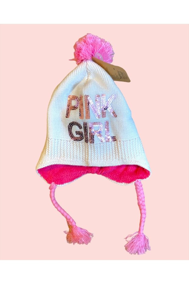 Girl's 4-10 Years Old Knitted Beanie with Ears, Fur Inside, Pompom and Sequin Detail