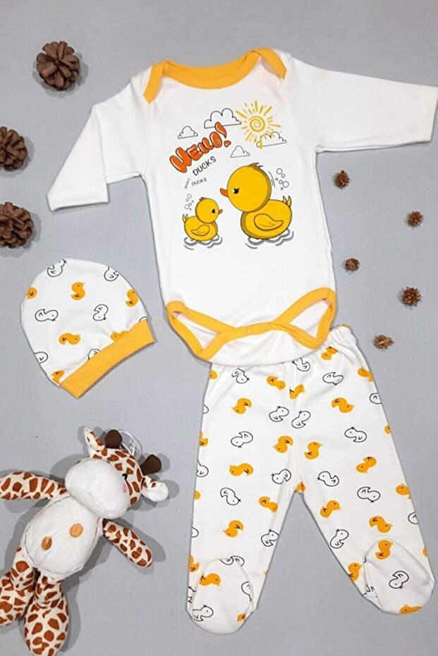 Unisex Baby Yellow Duck 3-Piece Bodysuit Set