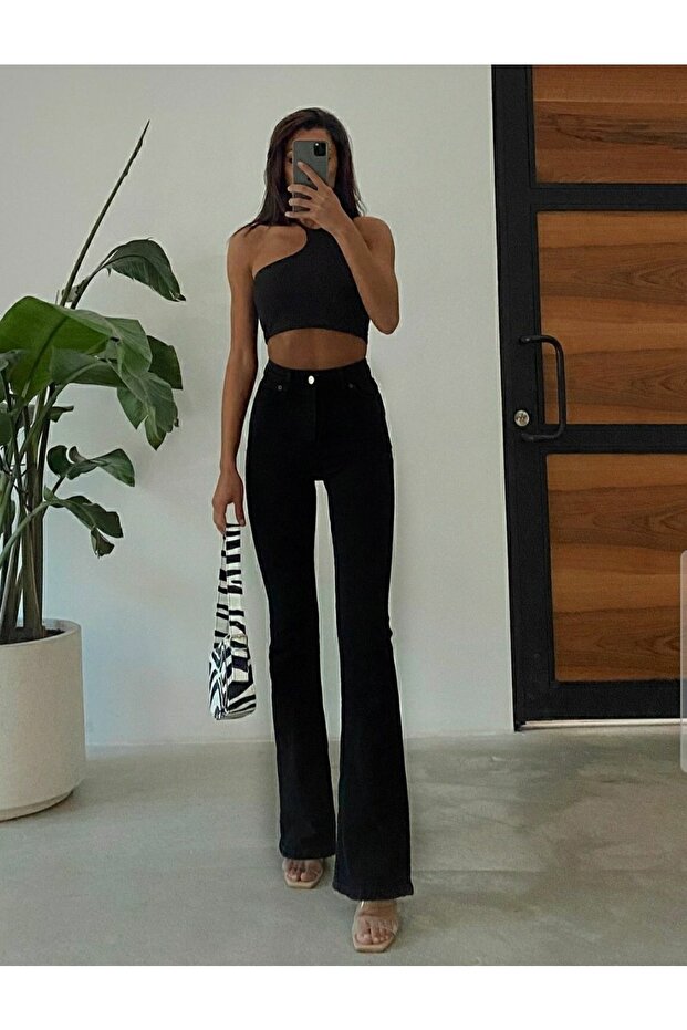 İspanyol Paça Jeans Solmaz Siyah - 1