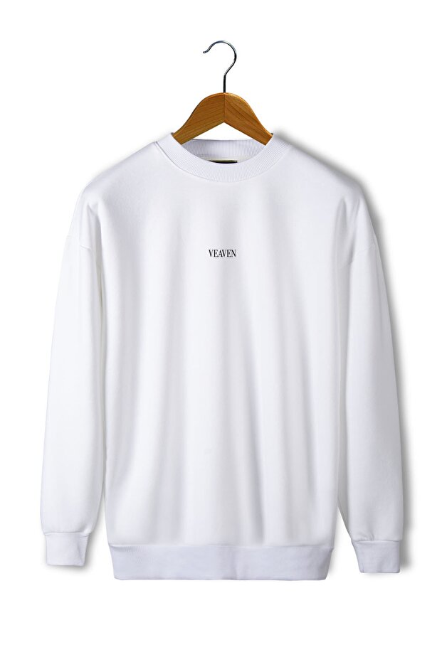 Unisex White Front Veaven Printed Oversize Thick Three Thread Ribbed Crew Neck Sweatshirt
