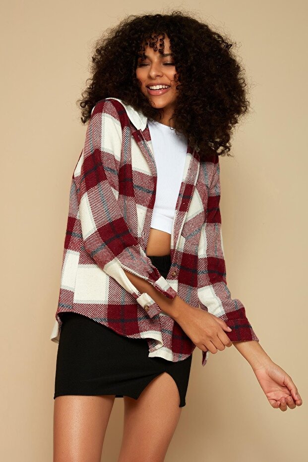 Kadın Kırmızı Kapüşonlu Oduncu Gömlek - 4