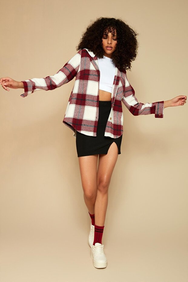 Kadın Kırmızı Kapüşonlu Oduncu Gömlek - 5