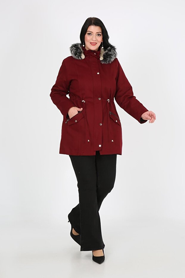 Women's Short Gabardine Curly Inside Plus Size Coat Claret Red