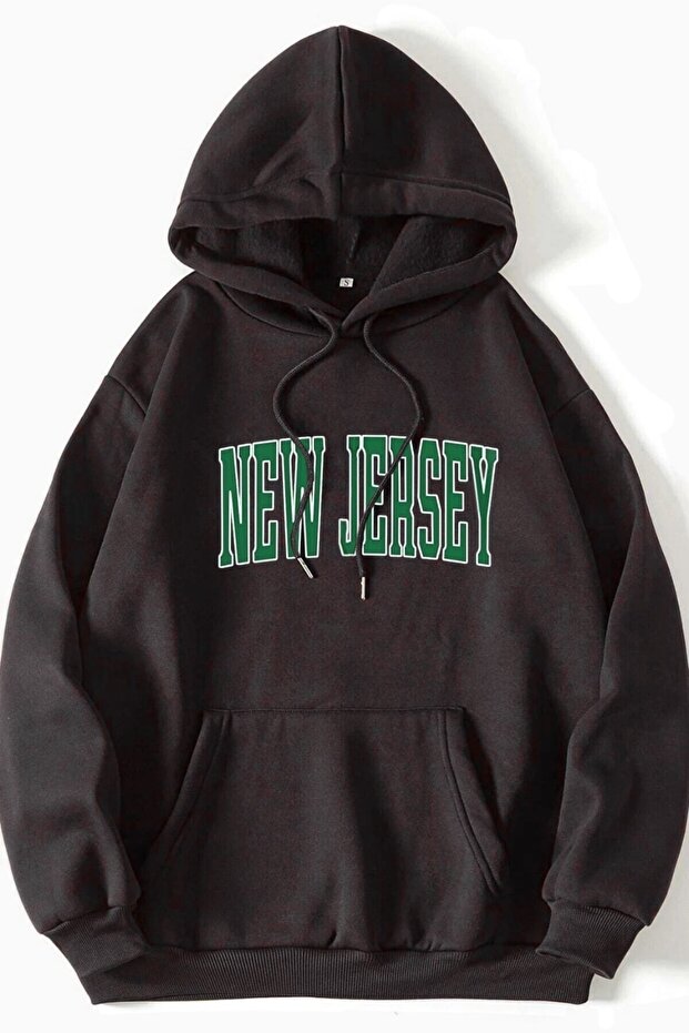 Unisex Oversize Black New Jersey Printed Hooded Sweatshirt