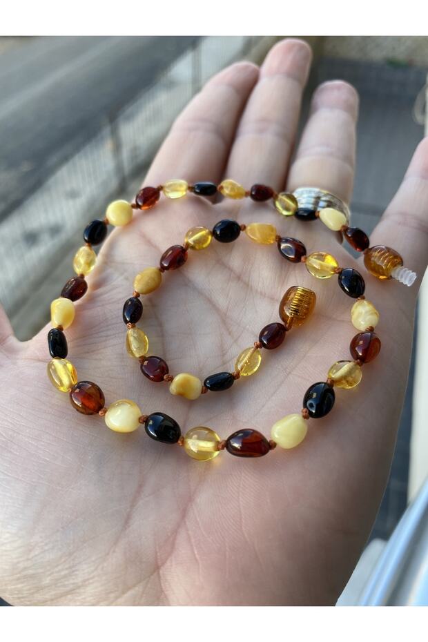 Yassı Model Damla Kehribar Bebek Kolye - 2