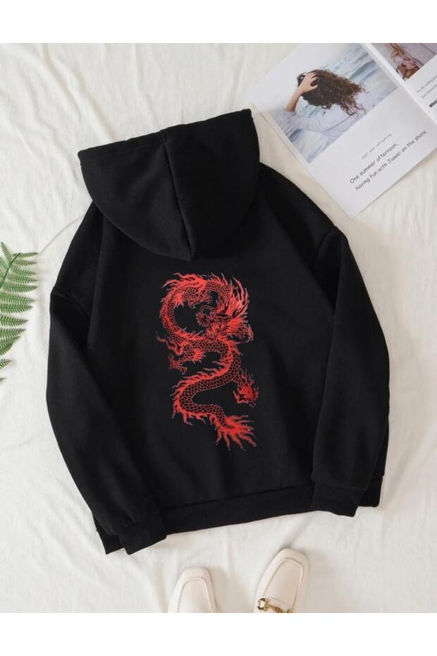 Hooded Oversize Red Dragon Printed Black Sweatshirt