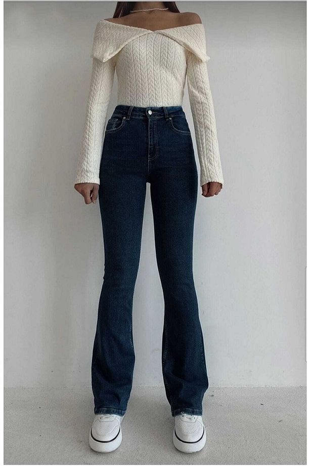 Ispanyol Paça Jeans Solmaz Koyu Mavi Ispanyol Jeans Yüksek Bel Kot Pantolon - 3