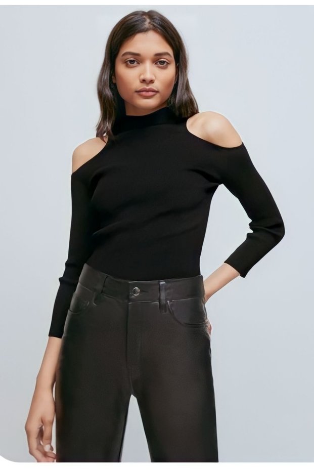 Women's Shoulder Detail Cut Out Lycra Half Turtleneck Blouse