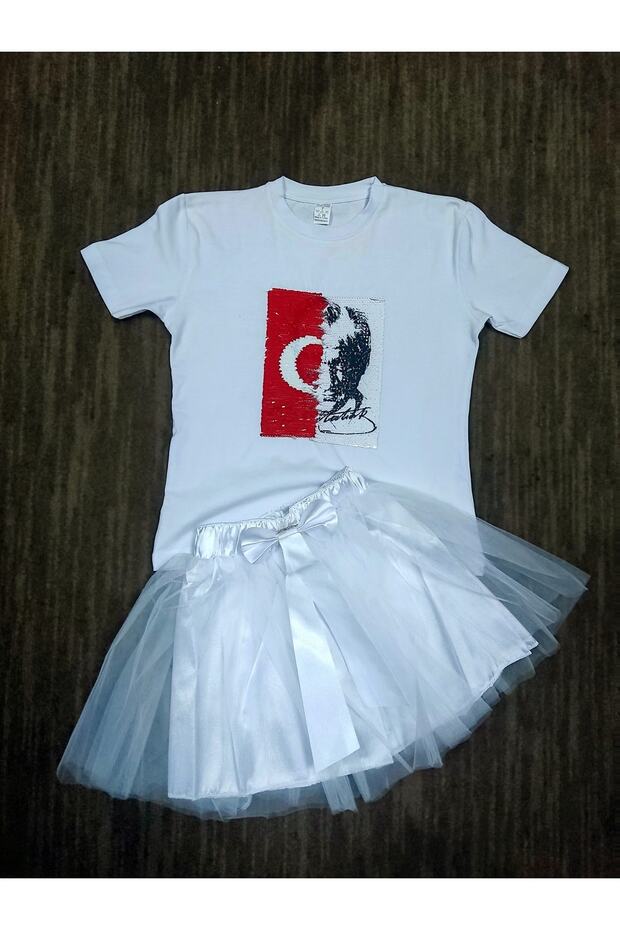 Girl's Double-Sided T-Shirt Ataturk And Turkish Flag And Dream Tutu Tulle Skirt