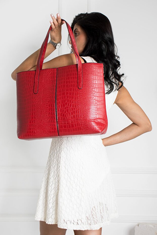 Women's Crocodile Pattern 2-Handle Zippered Large Size School Bag, Shoulder Bag, Handbag, Laptop Bag