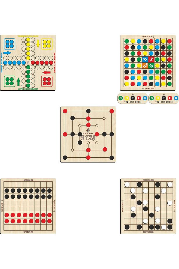 Ahşap Zeka Ve Strateji Oyun Seti 5 Li, 9 Taş + Dama + Atla Topla + Kızma Birader Ve Reversi - 1