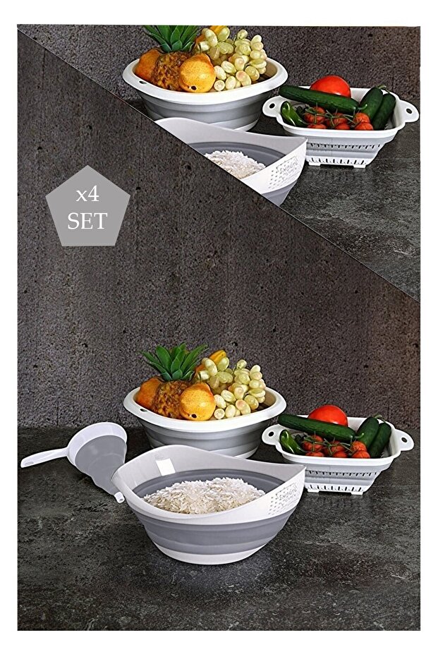 4-Piece Accordion Folding Kitchen Set - Foldable Strainer Funnel Basin Set