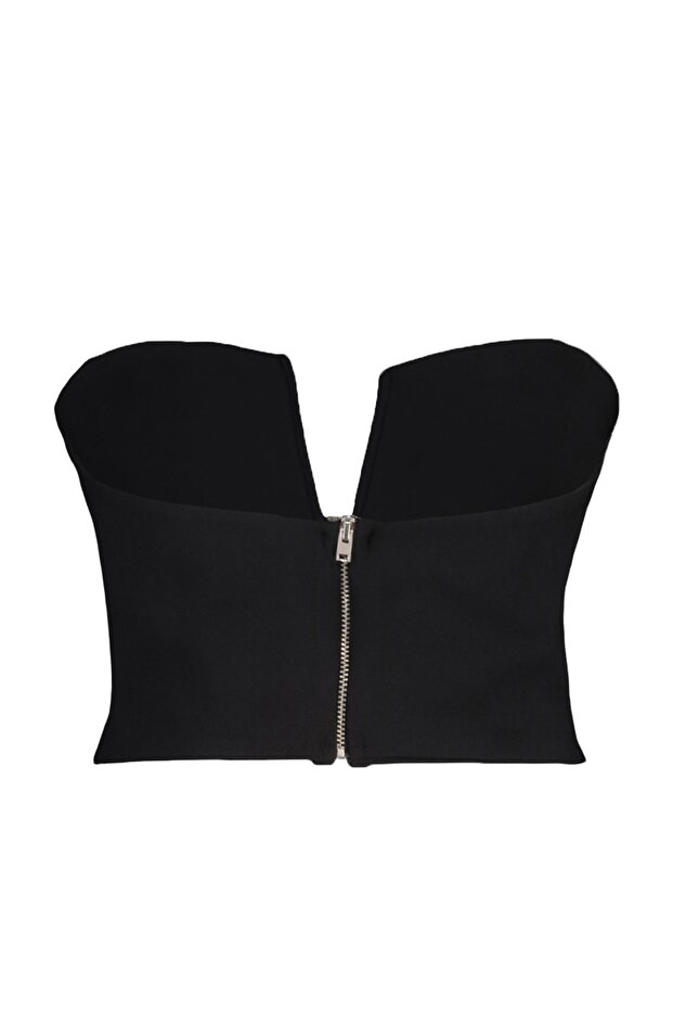 Siyah Crop Astarlı Dokuma Büstiyer TPRSS22BS0065 - 9