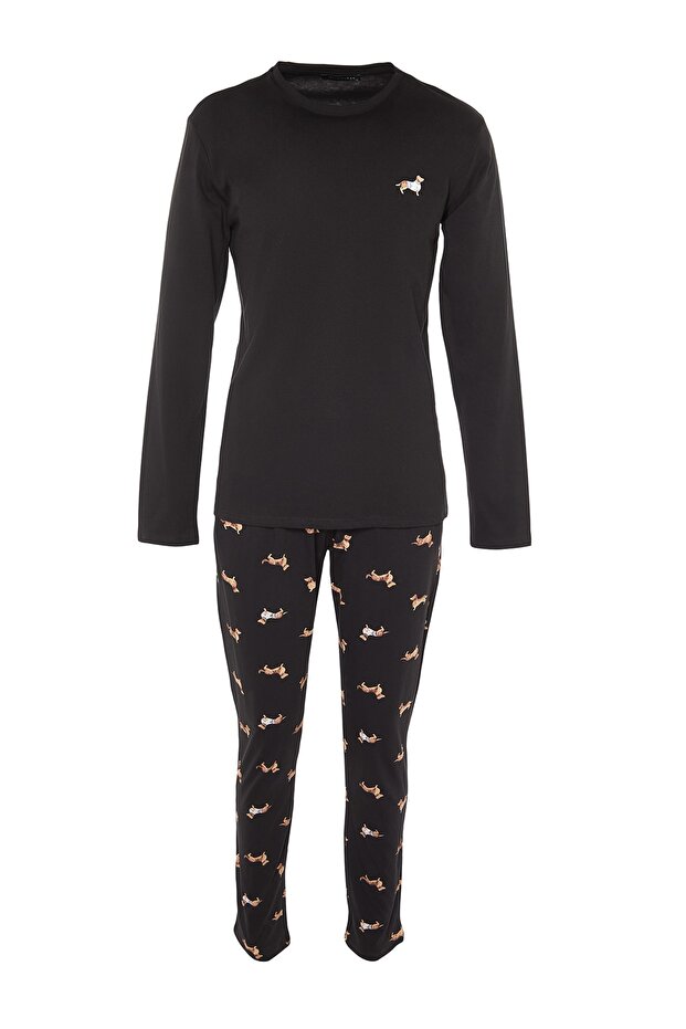Siyah %100 Pamuk Regular Fit Hayvan Desenli Örme %100 Pamuk Pijama Takımı TMNAW23PT00157 - 6