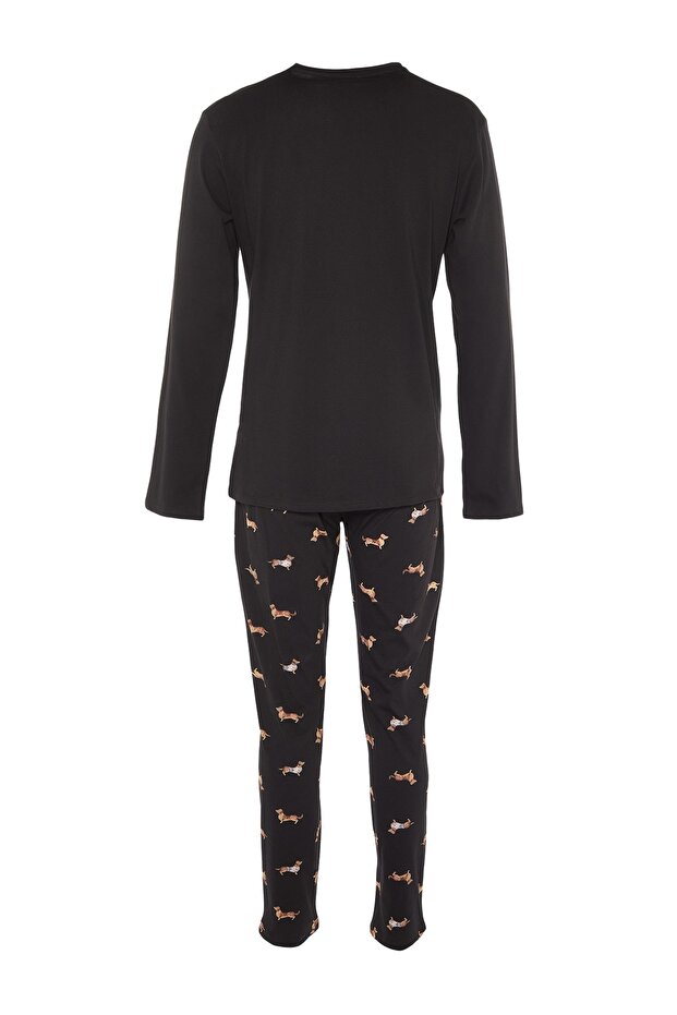 Siyah %100 Pamuk Regular Fit Hayvan Desenli Örme %100 Pamuk Pijama Takımı TMNAW23PT00157 - 8