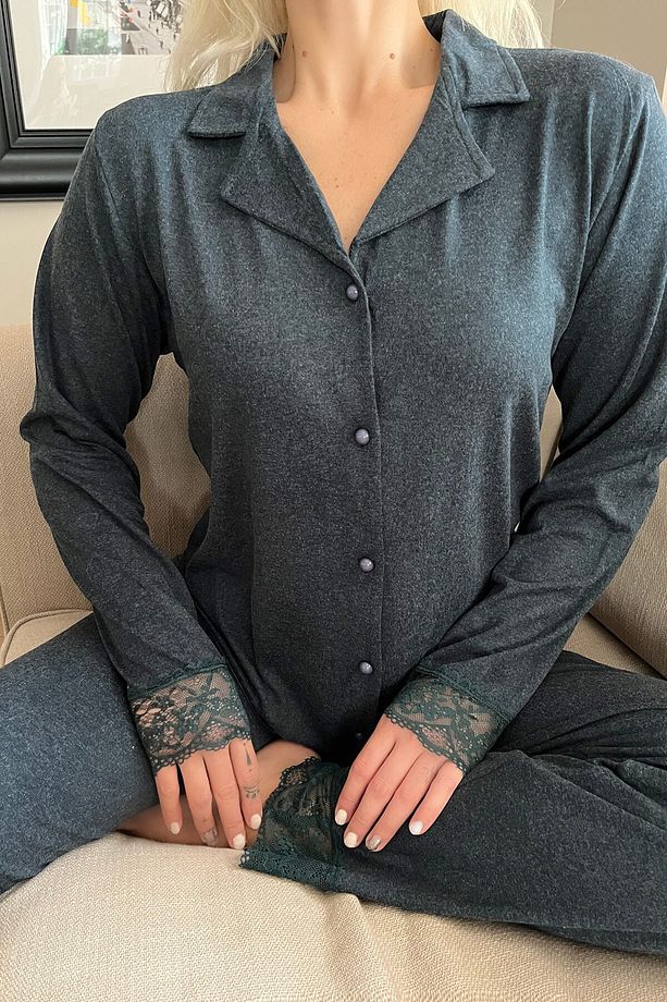 Yeşil Önden Düğmeli Bambu Uzun Kol Pijama Takımı - 5