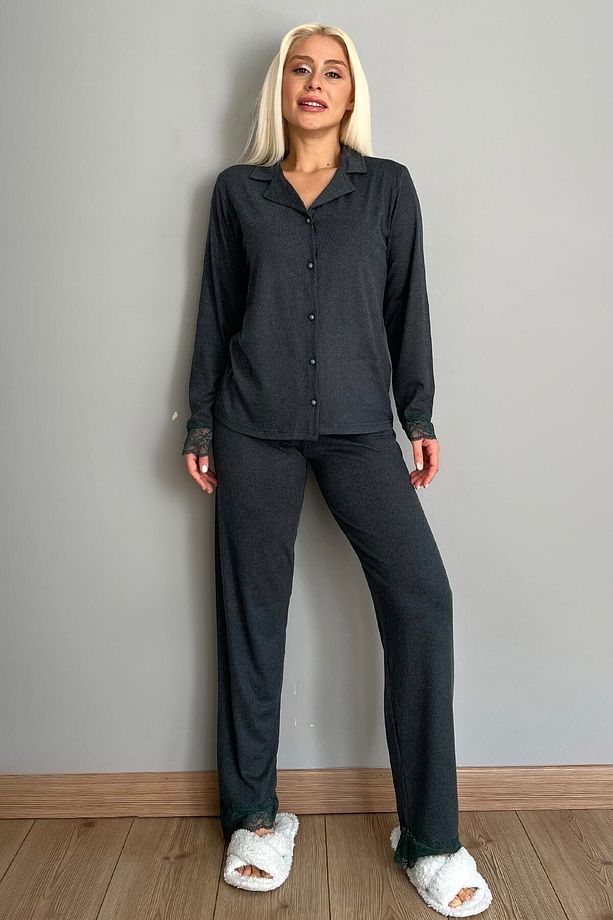 Yeşil Önden Düğmeli Bambu Uzun Kol Pijama Takımı - 6