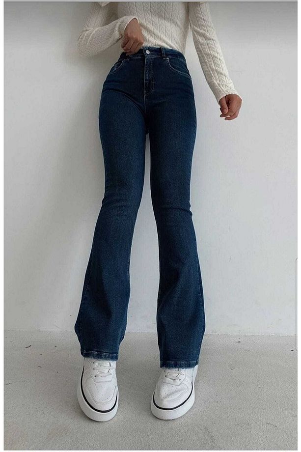 Ispanyol Paça Jeans Solmaz Koyu Mavi Ispanyol Jeans Yüksek Bel Kot Pantolon - 2