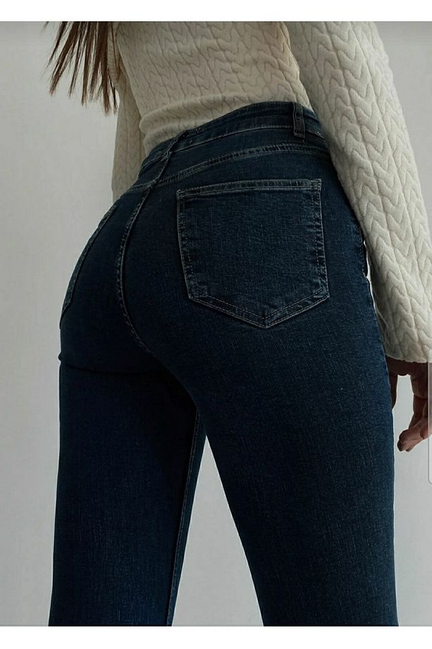 Ispanyol Paça Jeans Solmaz Koyu Mavi Ispanyol Jeans Yüksek Bel Kot Pantolon - 4