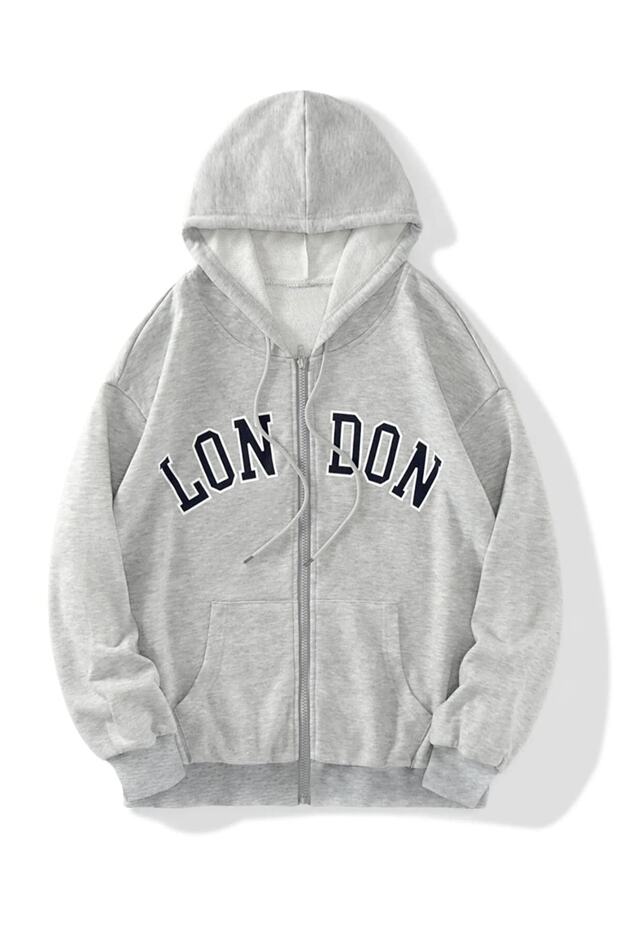 Unisex 2ip Örme Kumaş London Baskılı Kapüşonlu Fermuarlı Sweatshirt - 1