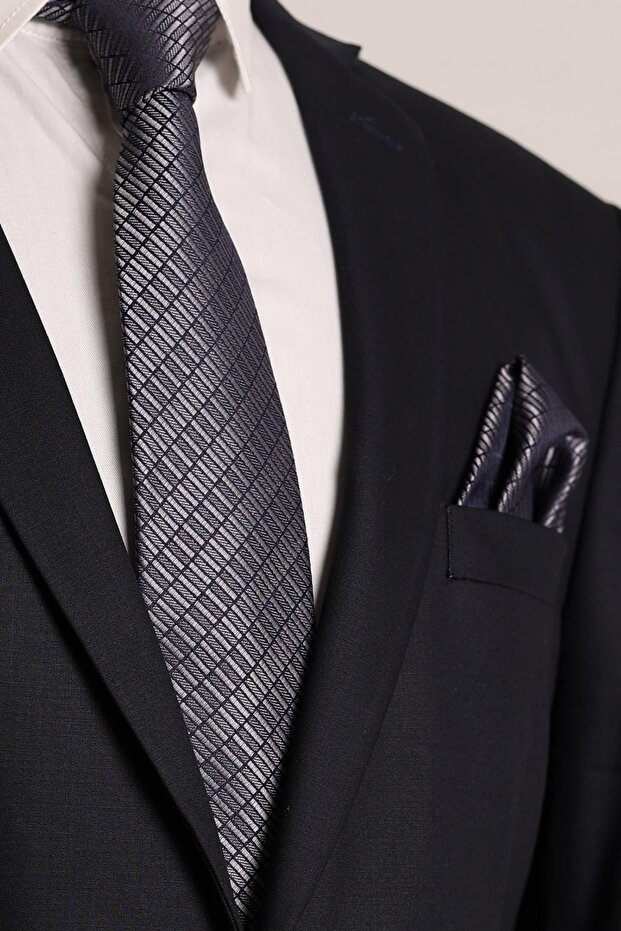 Hand Made 7.5 Cm. Patterned Smoked & Navy Tie & Handkerchief