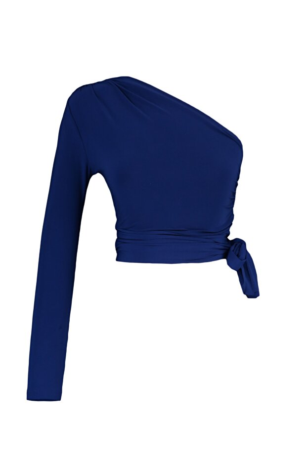 Saks Fitted/Vücuda Oturan Bağlama Detaylı Tek Kol Crop Esnek Örme Bluz TWOAW23BZ00094 - 8