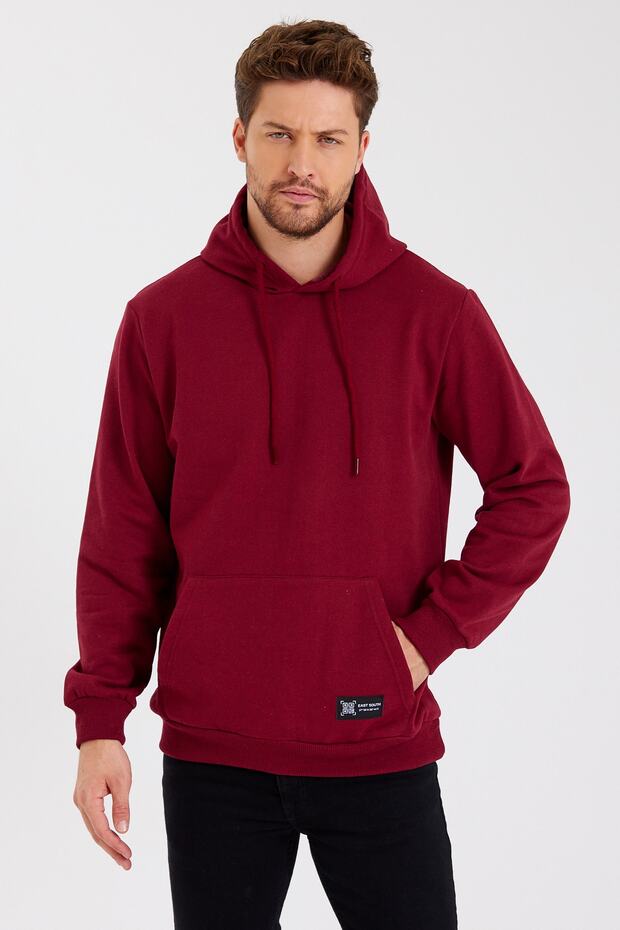 Claret Red Kangaroo Pocket Hooded Cotton Inside Men's Sweatshirt