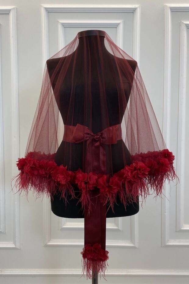 Burgundy Luxury Bridal Veil Set, Feather and Three Dimensional Laser Flowers, Henna Veil Set