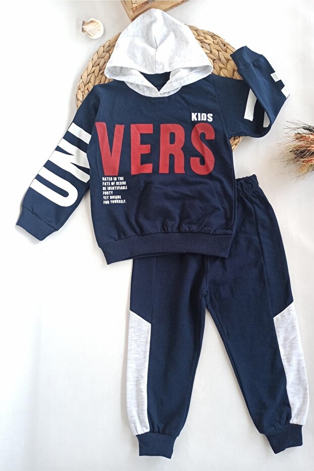 Navy Blue Vers Written Double Children's Tracksuit Set 1-2-3-4-5 Years