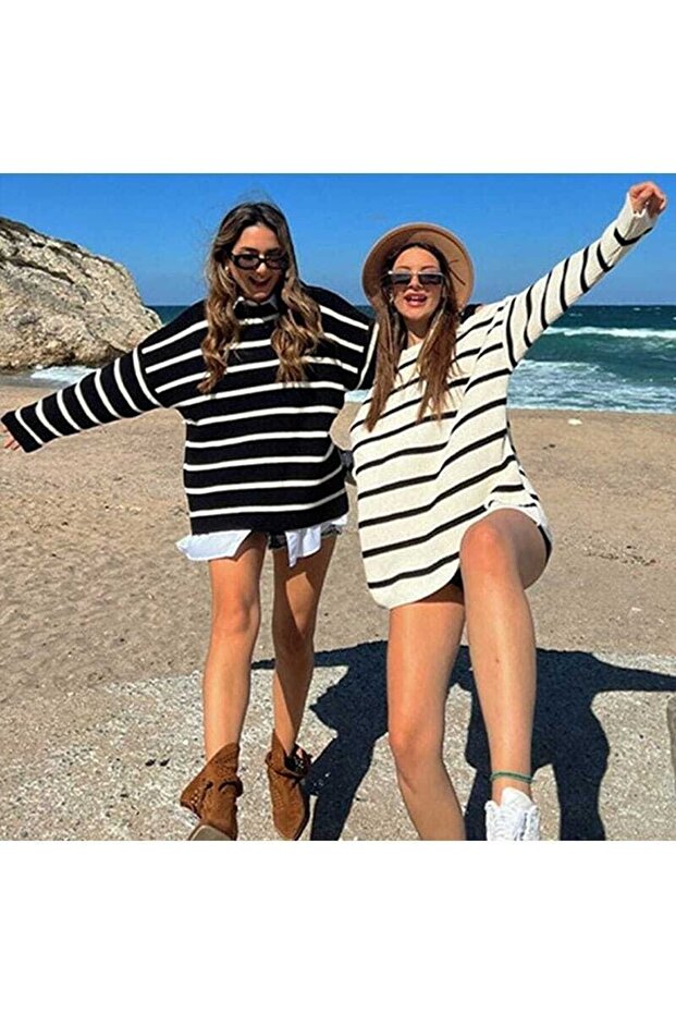 Çizgili Simit Yaka Selanik Örme Oversize Triko Kadın Kazak - 2