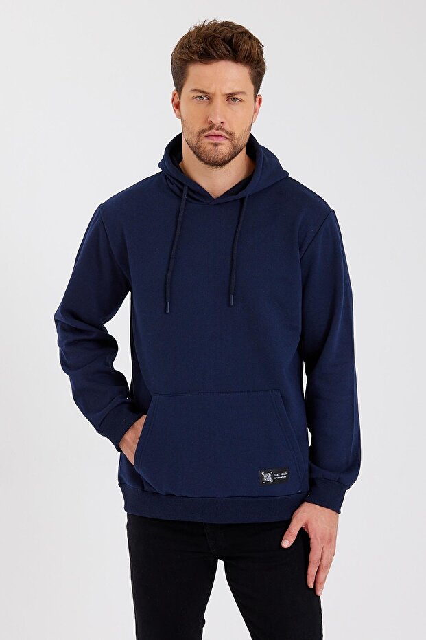 Navy Blue Kangaroo Pocket Hooded Cotton Men's Sweatshirt