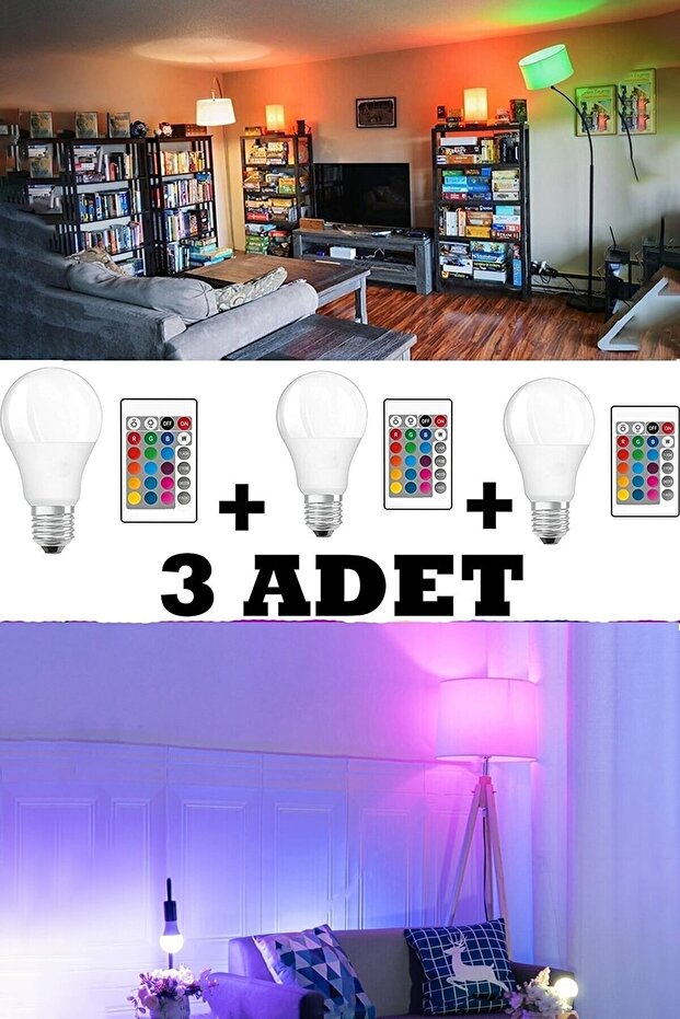 Rgb Kumandalı Renkli Led Ampul 9 Watt Işık Şiddeti Ayarlanabilir/kısılabilir Çok Renkli 3 Adet - 1
