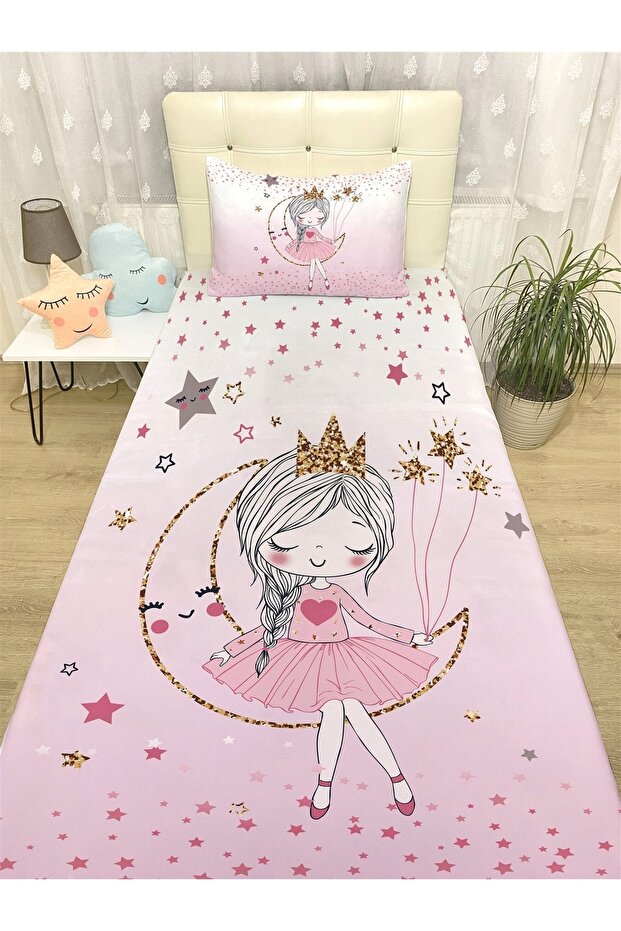 Pink Princess Sitting on the Moon Patterned Bedspread and Pillowcase