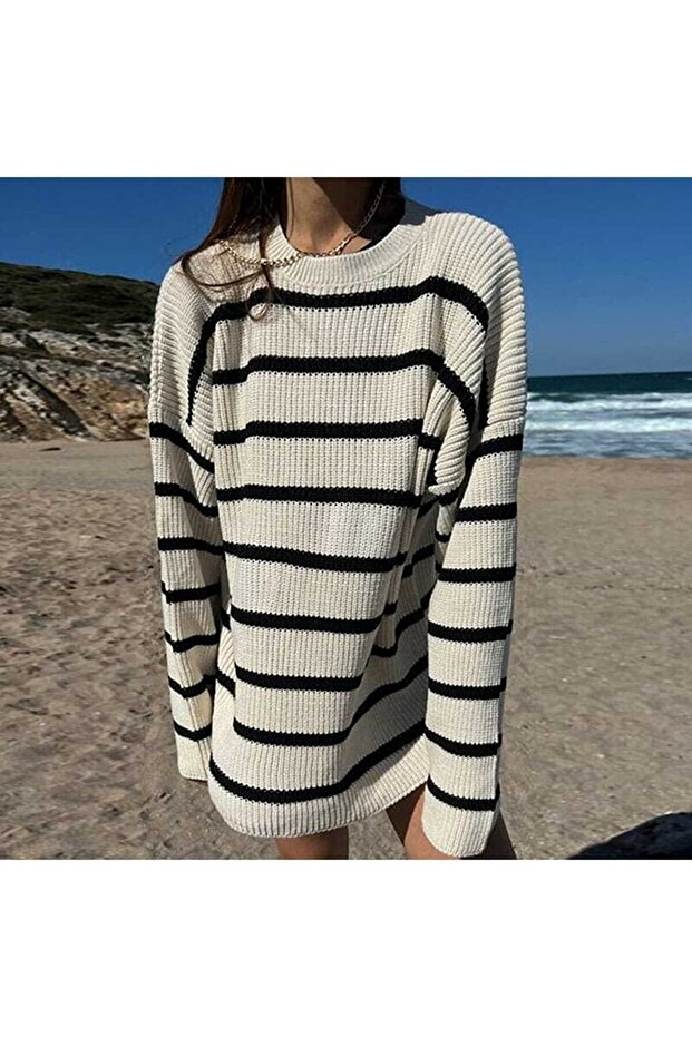 Çizgili Simit Yaka Selanik Örme Oversize Triko Kadın Kazak - 3