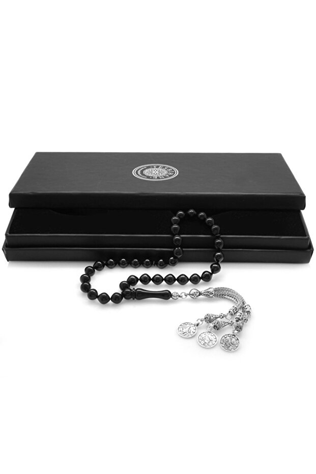 Non-Tarnish Metal Mecidiye Tasseled Istanbul Cut Black Clamping Amber Rosary