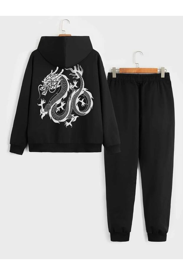 Unisex Dragon Printed Hooded Sweatshirt and Sweatpants Combination