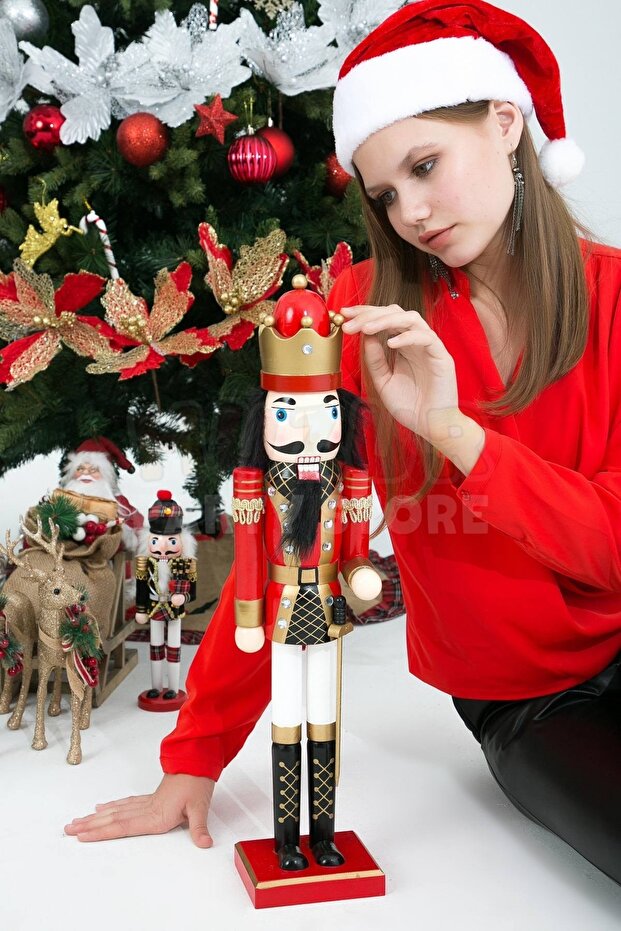 60 Cm Nutcracker Tin Soldier Handmade Christmas Rifle Red Uniform Closable Mouth