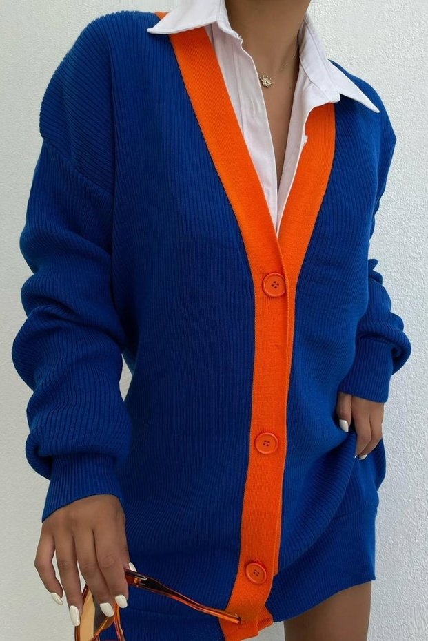 Women's Colorful Stripe Detailed Button Closure Oversize Cobalt Blue Long Cardigan 6609