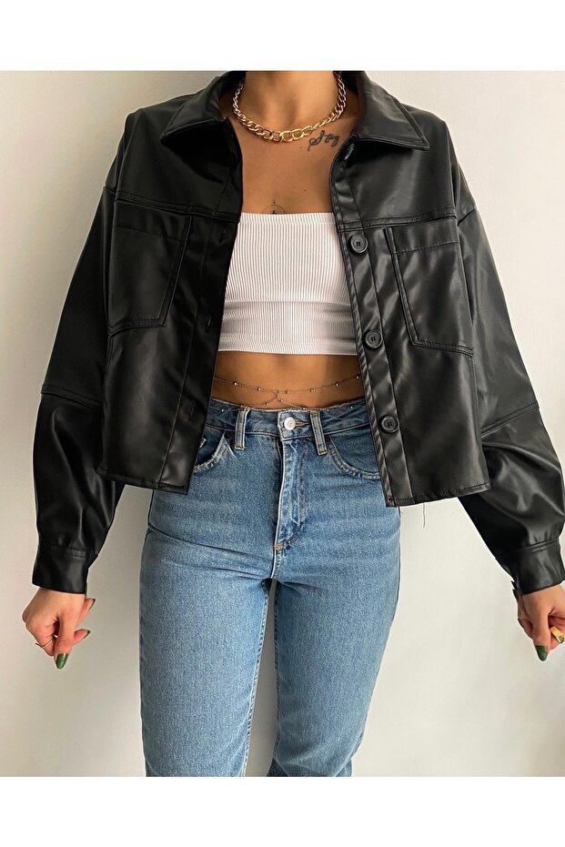 سترة جلدية قصيرة بأزرار - 3